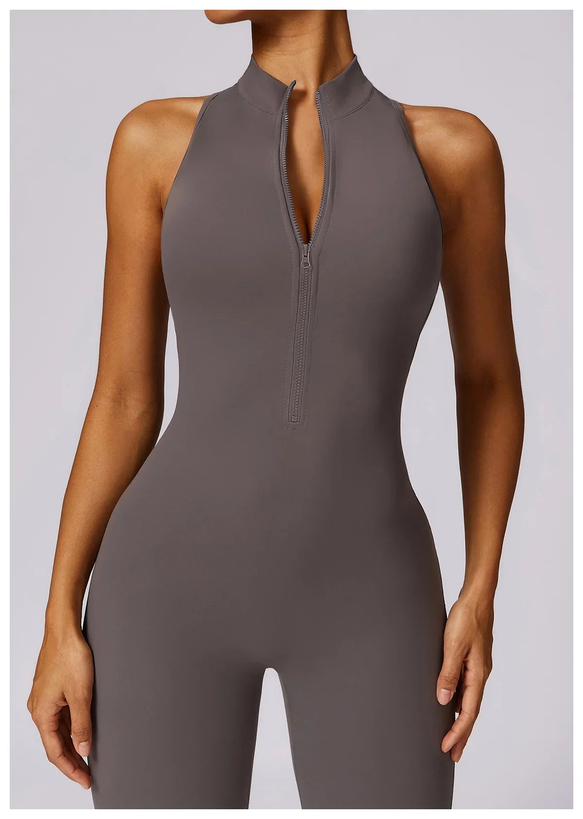 Women’s V-Back One-Piece Sports Jumpsuit — Sleeveless Yoga Romper with Zipper Workout Bodysuit