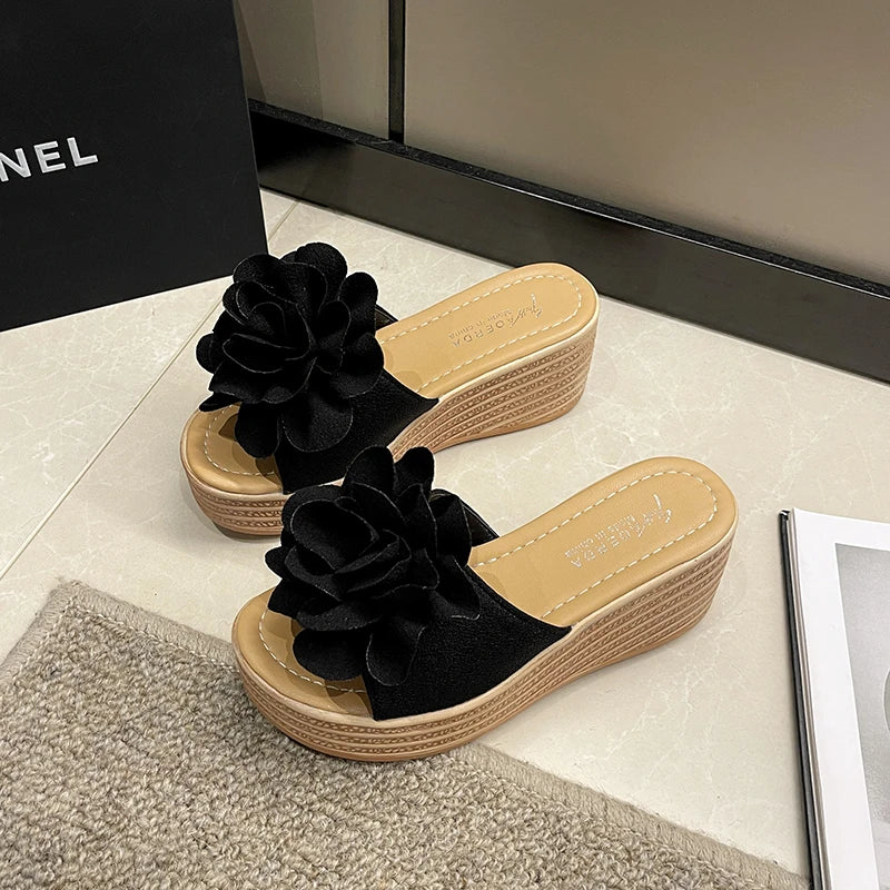 Women's Flower Wedge Sandals - Slip-On High-Heel Platform Summer Shoes