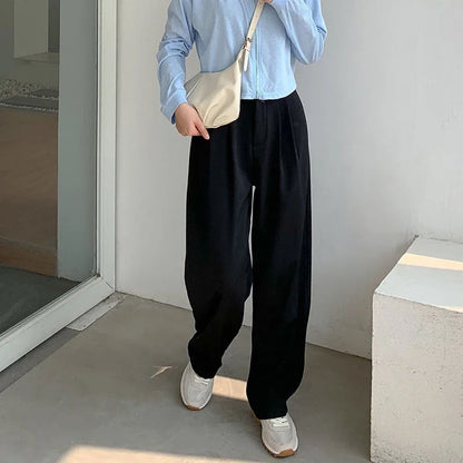 High Waist Women’s Suit Pants – Straight Office Trousers, Casual Button Loose Black Pants for Fall 2024