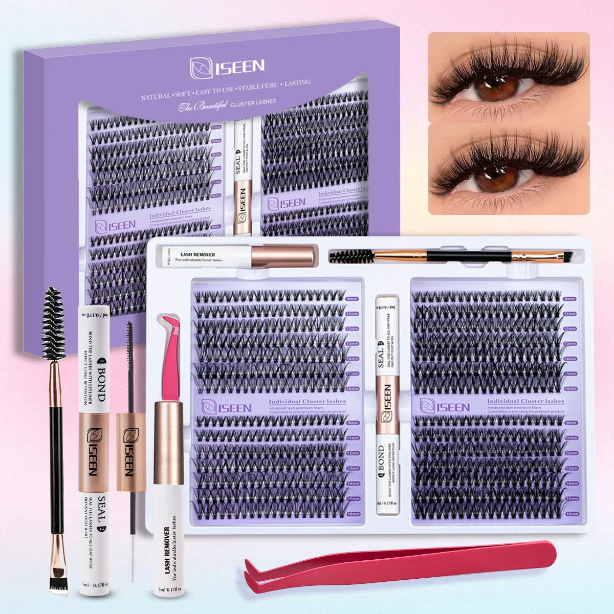 DIY Eyelash Extension Kit – Cluster Mix Eyelashes Set with Lash Bond & Seal, Tweezers & Brush for Full Lash Look