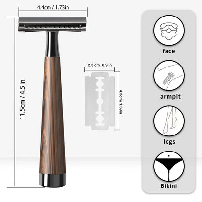 Double Edge Safety Razor – Faux Wood Zinc Alloy Handle with 5 Swiss Stainless Steel Blades, Heavy Duty Eco-Friendly Shaver