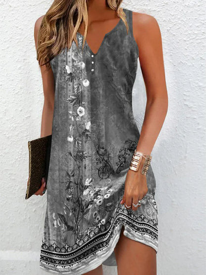 2023 Women's Summer Boho Mini Dress – Vintage Floral Print, V-Neck, Sleeveless Button, Plus Size Vestidos