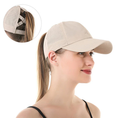 Summer Solid Color Baseball Cap – Quick-Drying Mesh Golf & Sports Hat for Women, Cross Ponytail Design, Men's Peaked Cap
