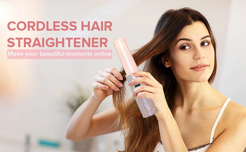 2-in-1 Wireless Hair Straightener & Curler – USB Rechargeable Diamond Design Styling Brush for Travel & Home