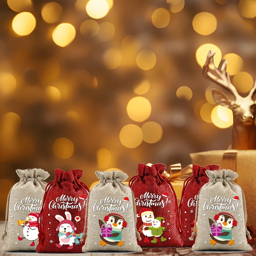 12PCS Christmas Drawstring Gift Bags – Linen Fabric Bags for Advent Calendar, Cookies & Candy Pouches
