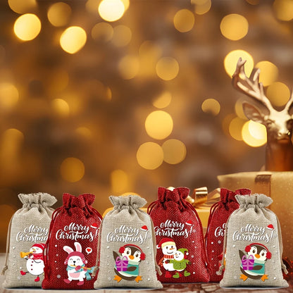 12PCS Christmas Drawstring Gift Bags – Linen Fabric Bags for Advent Calendar, Cookies & Candy Pouches