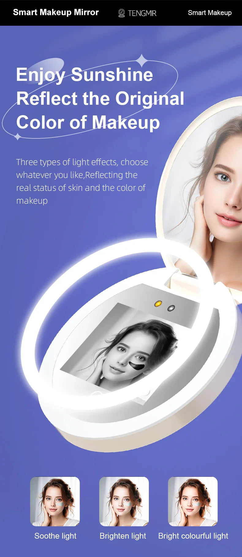 TENGMIR UV Smart Sunscreen Makeup Mirror – Portable LED Light UV Detection & Sunscreen Testing Mirror