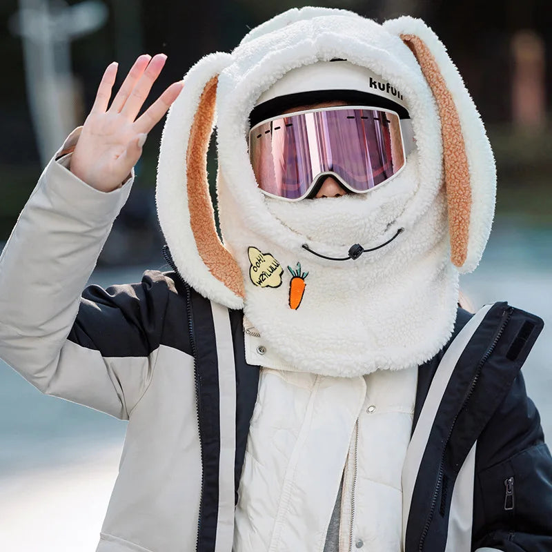 Winter Wool Ski Hat & Helmet Cover – Soft, Warm, Cute Cartoon Bunny Ears for Casual Skiing