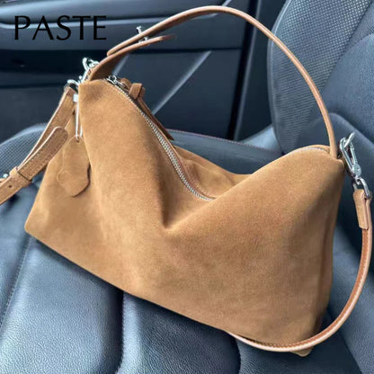 Simple Autumn Winter Grey & Brown Boston Tote — Soft Matte Suede Cow Leather Women's Shoulder Handbag