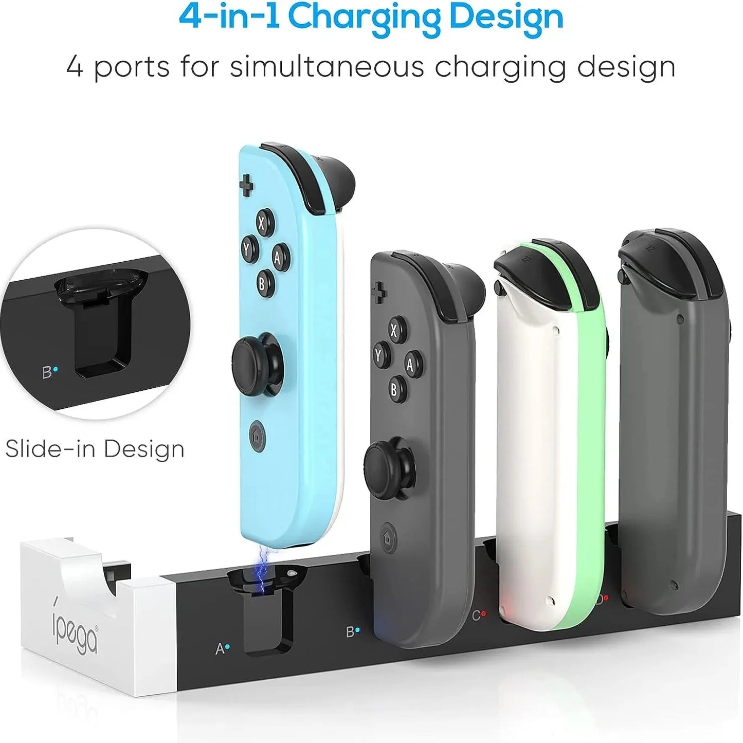 IPEGA PG-9186 Joycon Charging Dock Station for Switch & OLED – Charges Up to 4 Controllers, Compatible with All Models