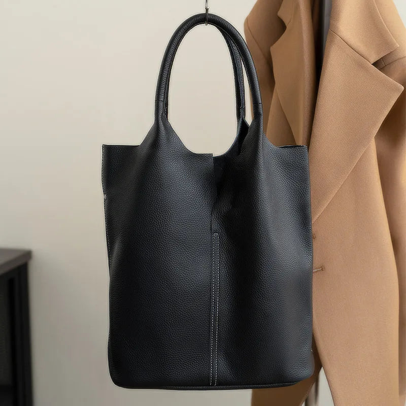 Genuine Leather Women’s Commuter Tote Bag — Soft Cowhide Shoulder Handbag, Large Capacity Bucket Bag, 2025 New
