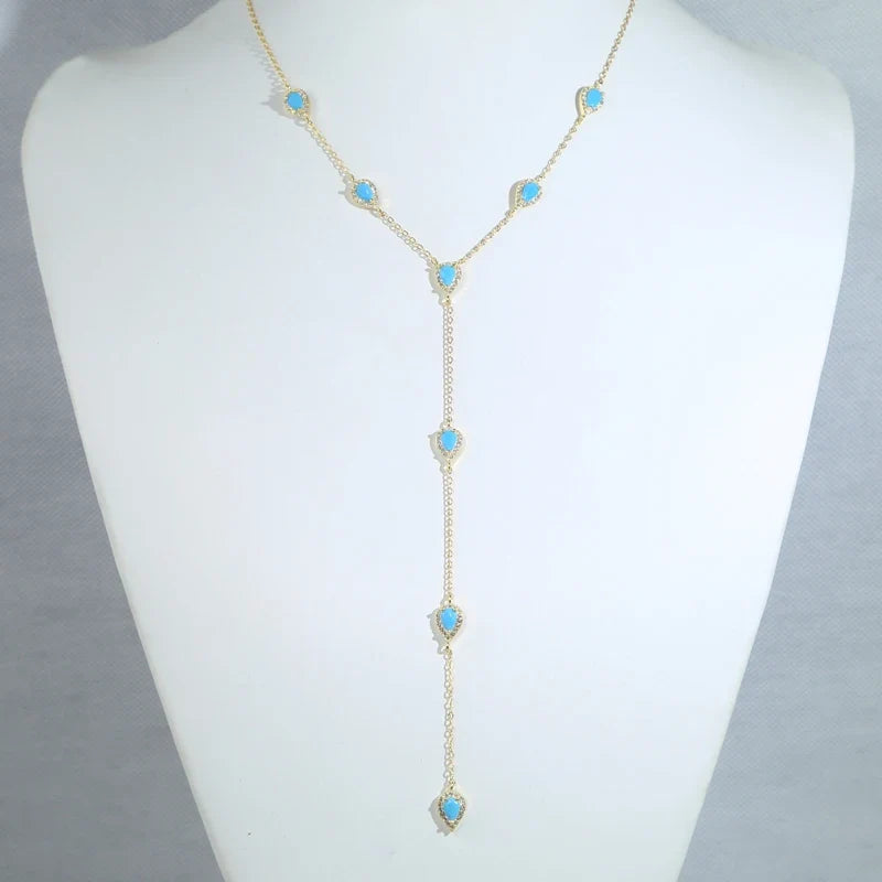 2023 Gold Plated Y Lariat Necklace - Colorful CZ Teardrop Pendant Geometric Jewelry for Women