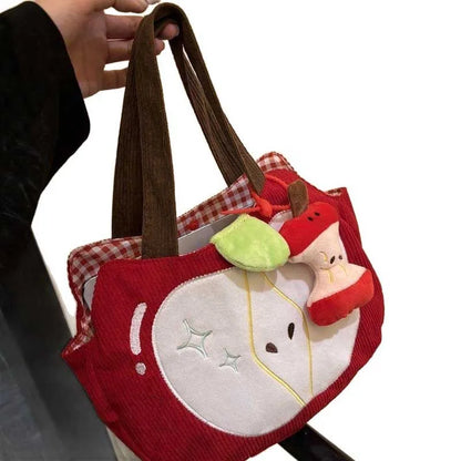 Red Apple Corduroy Shoulder Bag - Cute Canvas Handbag with Apple Pendant for Casual Outings