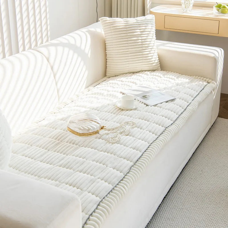 Thick Quilted Stripe Flannel Sofa Pad – Warm Multiuse Winter Sofa Cover, Towel & Slipcover for Living Room