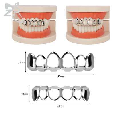 ZS Hip Hop Grillz – Silver/Gold Plated CZ Crystal Cross & Rose Star Tooth Cap, Top & Bottom Set