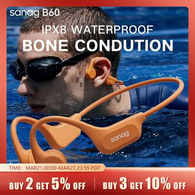 Sanag B60 Pro Bone Conduction Earphone - IPX8 Wireless Open Headset Bluetooth 5.3 Swimming Headphones with 64GB MP3 Earbuds