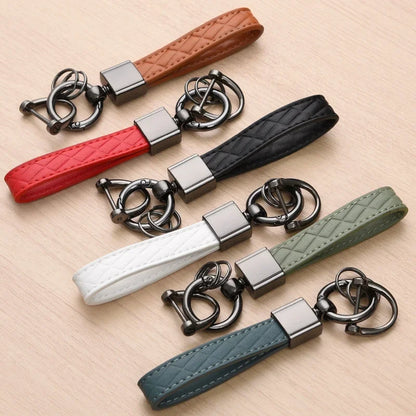 5-Color Genuine Leather Plaid Keychain – Luxury Black Buckle Car Key Ring for Men & Women, Gift for Friends
