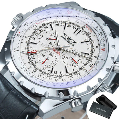 JARAGAR Pilot Mechanical Watch for Men – Multifunctional Small Dials, Leather & Steel Strap, Sports Military Automatic Watch