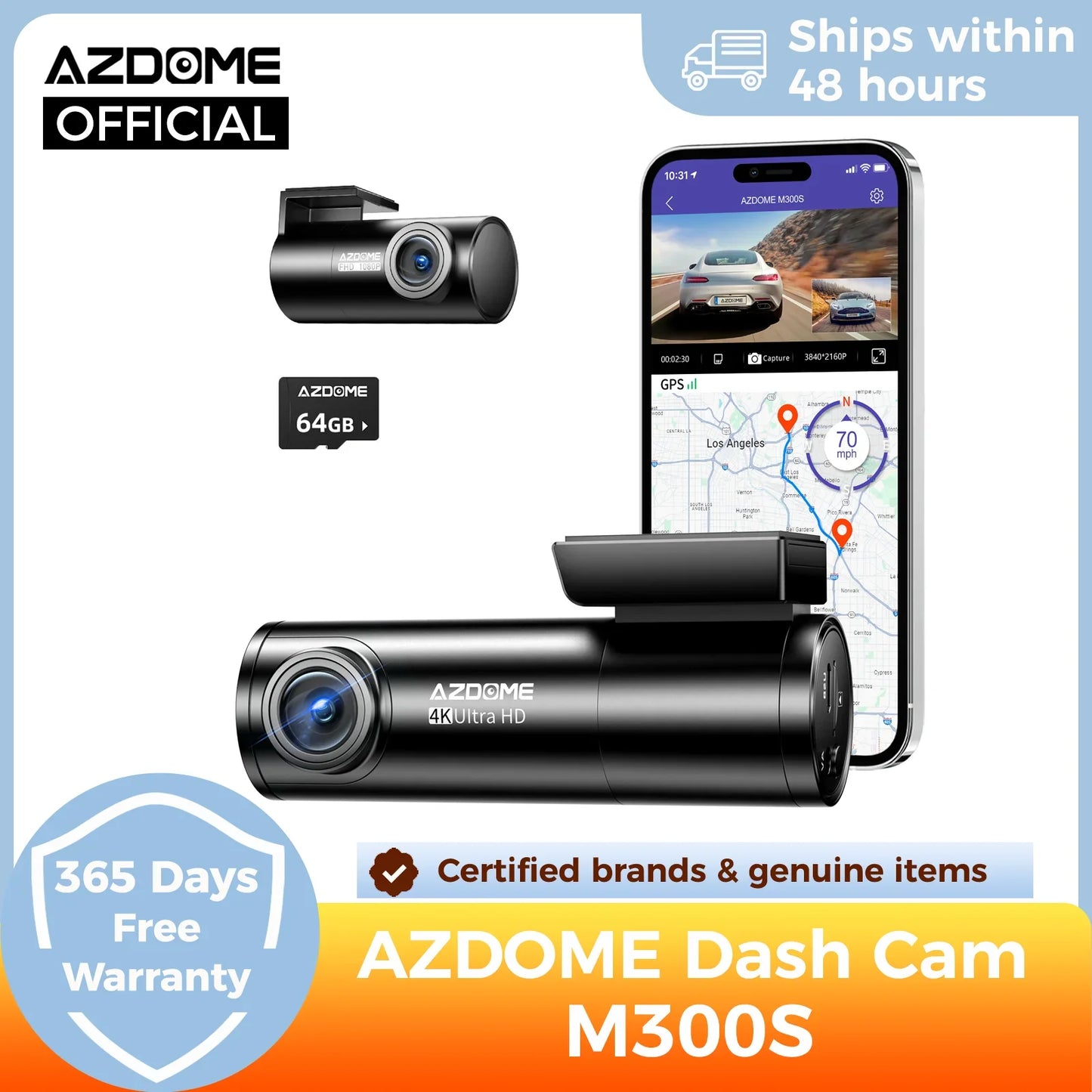 AZDOME M300S Dash Cam – 4K+1080P Dual Car Camera, Built-in 5.8GHz WiFi, GPS, 24H Parking Mode, Night Vision Black Box