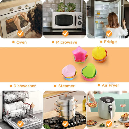 24Pcs Colorful Silicone Cupcake Liners - Reusable Baking Cups for Nonstick, Easy Clean Pastry Muffin Molds - 4 Shapes