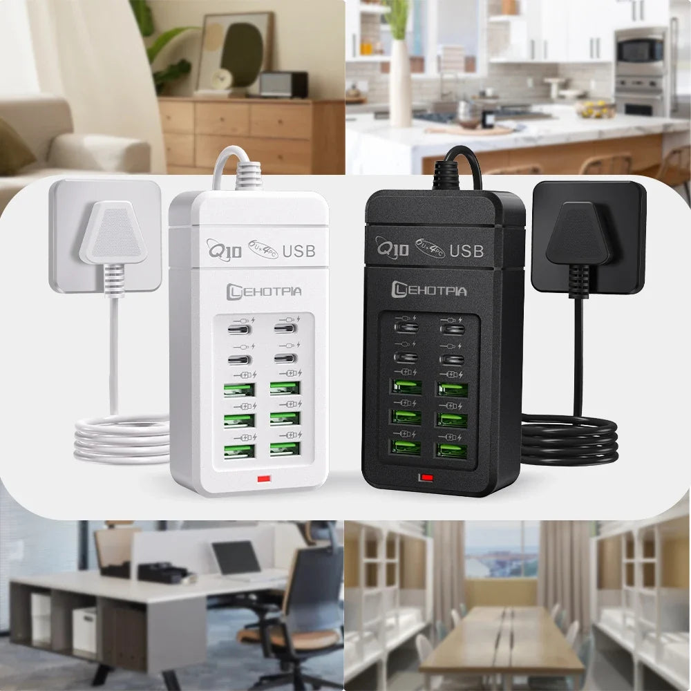 Multi-Port USB Fast Charger - EU UK US Plug 10-Port Power Adapter with 6 USB-A & 4 USB-C Ports Cable