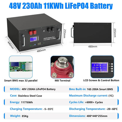 LiFePO4 48V 100Ah/200Ah Lithium Solar Battery Pack – 51.2V 10kW, 6000 Cycles, 16S 200A BMS, Max 32 Parallel for Inverter