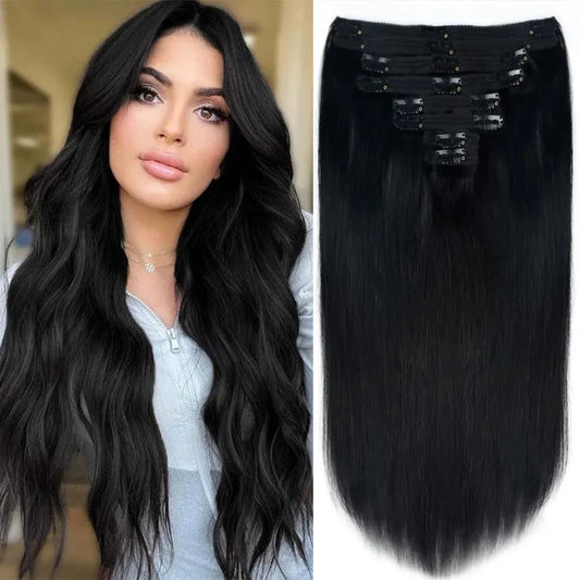 Straight Clip-In Hair Extensions – 8 Piece Full Head Set, 120g Brazilian Remy 100% Human Hair, Natural Black