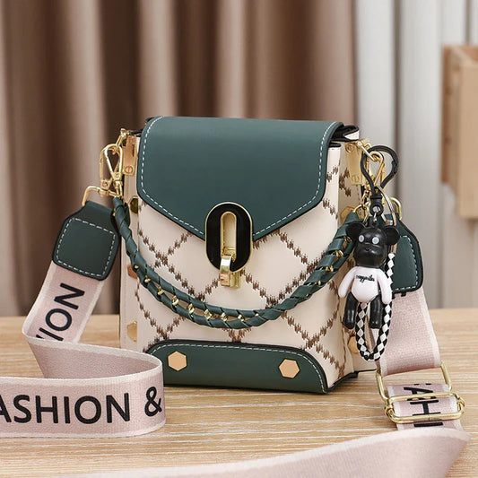 Mini Studded Crossbody Bag for Women - Argyle Embroidery Mobile Phone Purse with Trendy Chain Decor