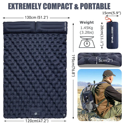 WESTTUNE Double Inflatable Air Mattress – Built-in Pillow Sleeping Pad for Camping, Travel, and Hiking