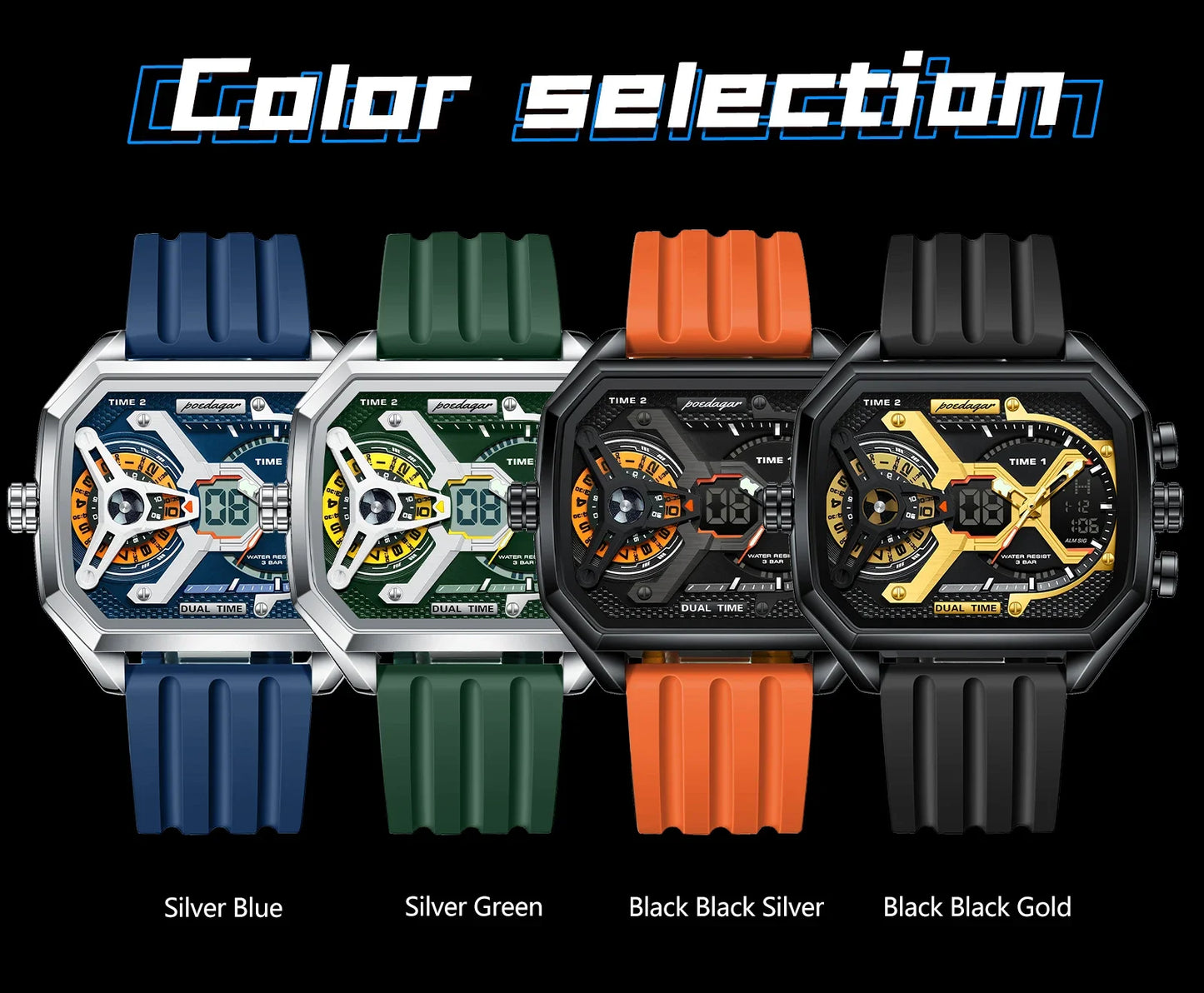 POEDAGAR Men's Luxury LED Wristwatch – Electronic Quartz Watch with Calendar, Week Display, Luminous Hands, and Silicone Strap