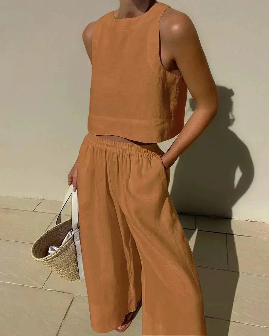 Women Cotton Linen 2-Piece Set – Sleeveless Lace-Up Top & Drawstring Long Pants Summer Commuting Outfit 2023 Fashion
