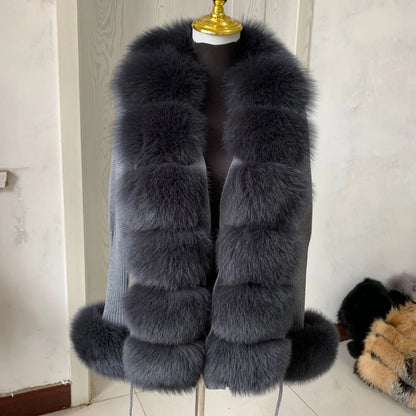 Women’s Spring & Autumn Sweater Cardigan – Real Fox Fur Collar Jacket, Natural Fur Outerwear