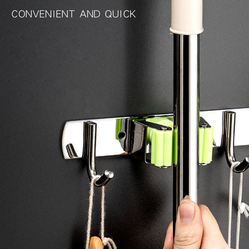 Stainless Steel Wall Mount Mop Organizer Holder: Broom Hook for Kitchen & Bathroom Organization