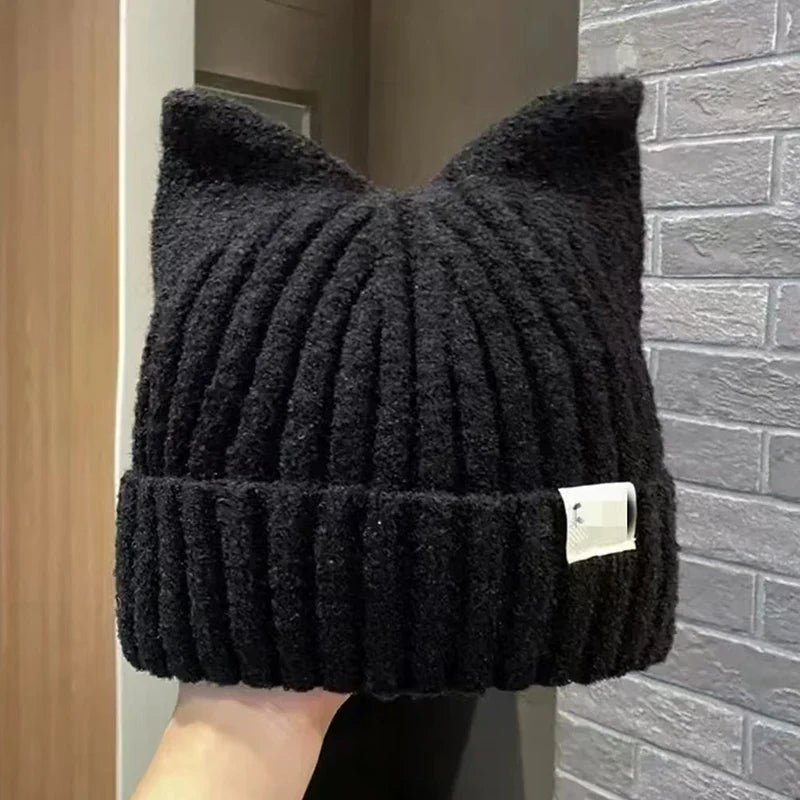 Cute Cat Ears Beanie for Women – Warm Autumn Winter Knitted Hat, Sweet Ear Protection Pullover