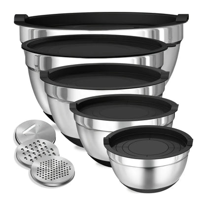 8PCS Stainless Steel Mixing Bowl Set – Airtight Lids, Non-Slip Bottoms, Black Kitchen Bowls for Baking & Serving