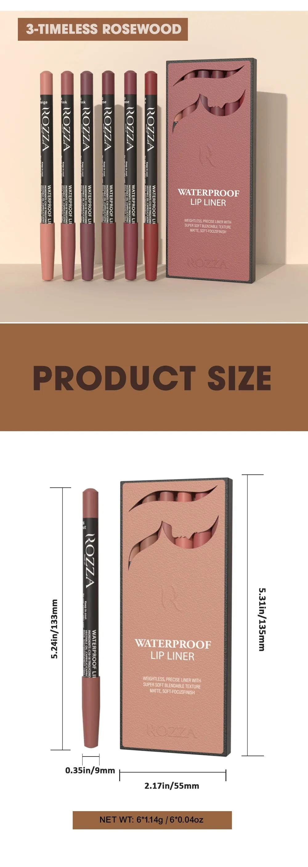 Rozza Waterproof Lip Liner Pencil Set – Weightless, Precise Matte Liner with Soft, Blendable Texture