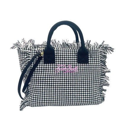 SAINT BARTH Houndstooth Crossbody Bag – Small Cotton Linen Handmade Tote with Tassels for Women