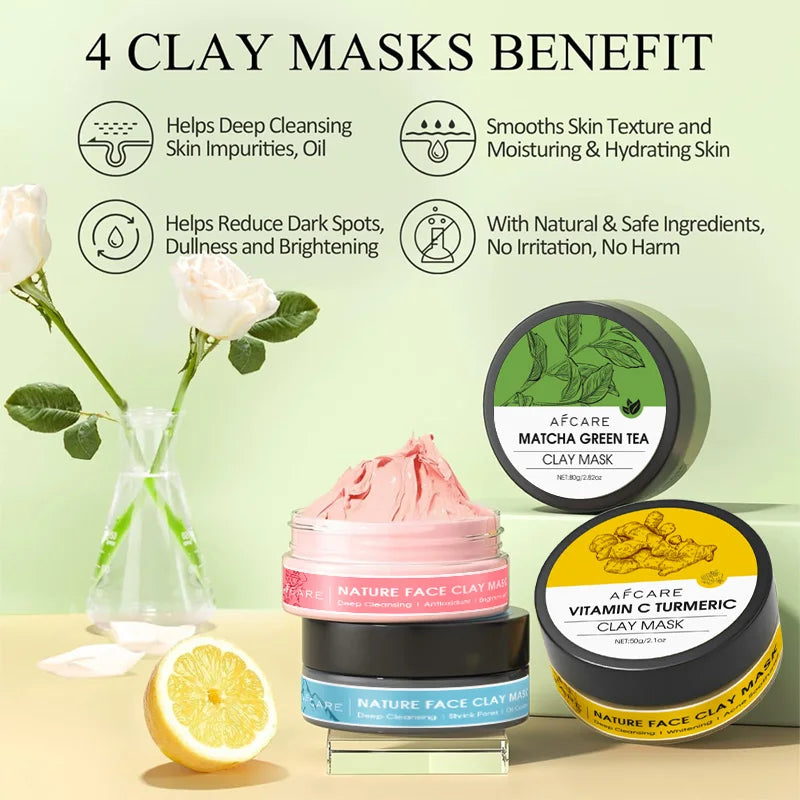 4pcs Clay Facial Mask Set — Turmeric, Vitamin C, Green Tea & Rose Clay for Deep Cleansing, Moisturizing & Pore Refining (320g)