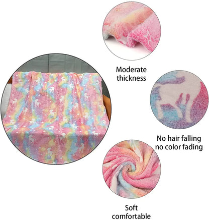 Luminous Unicorn & Dinosaur Plush Blanket – Glow-in-the-Dark Soft Flannel Throw for Boys & Girls, Christmas Gift