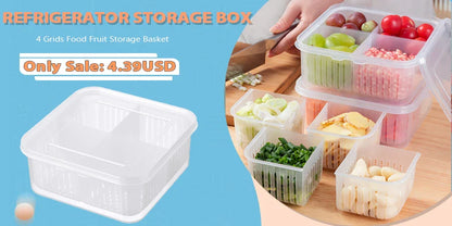 Refrigerator Storage Box – 4/6 Grid Clear Crisper for Fruits, Vegetables & Meat