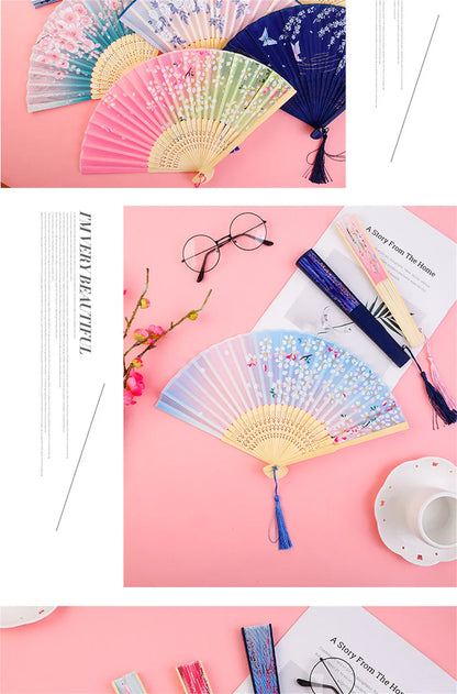 Bamboo Folding Fan with Silk — Chinese & Japanese Style Handheld Fan, Antique Art Craft for Summer Dance, Home Decor & Party