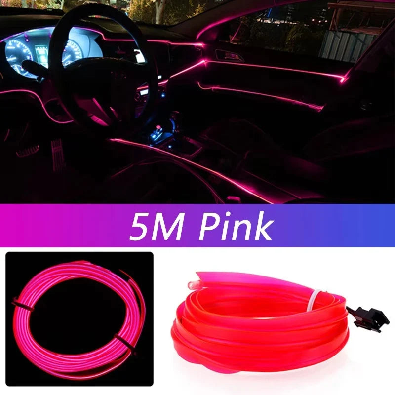 5M Car Interior LED Strip Light - USB Flexible Neon Ambient Lighting for Auto DIY Decoration