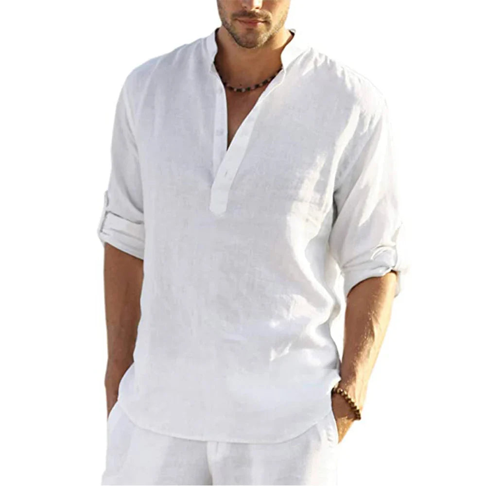 Men’s Cotton Linen Long Sleeve Casual Shirt Loose Fit Breathable Spring Autumn Buttonless Blouse Style Top Fashion Tee S-3XL