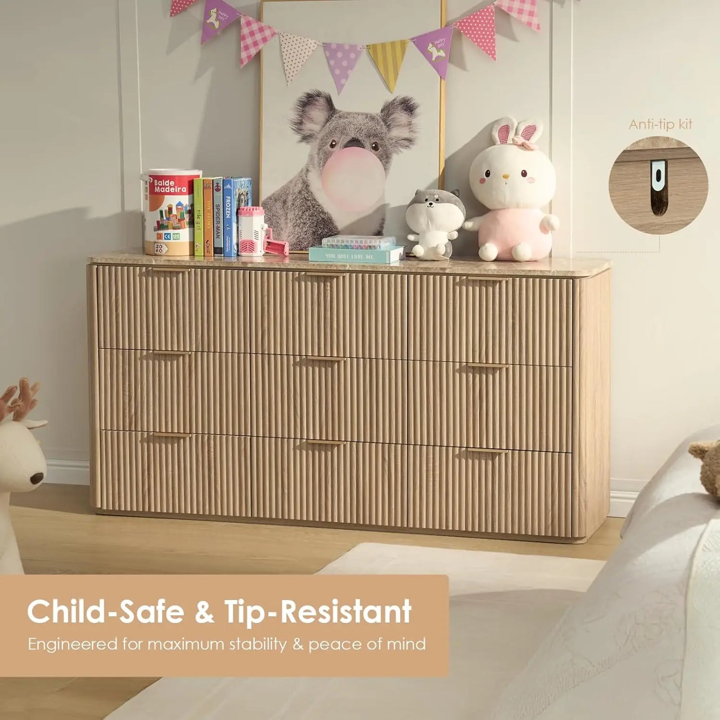 63" Fluted 9-Drawer Bedroom Dresser – Modern Chest with Faux Marble Top, Curved Corners & Customizable Storage Cabinet