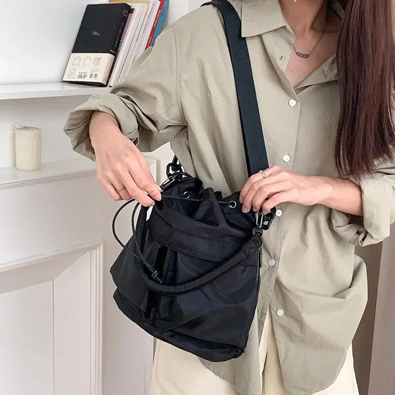 Women’s Large Capacity Nylon Tote Bag - Waterproof Shoulder & Crossbody Handbag with Drawstring Closure