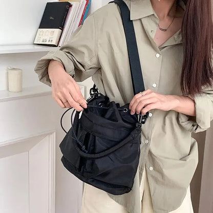 Women’s Large Capacity Nylon Tote Bag - Waterproof Shoulder & Crossbody Handbag with Drawstring Closure