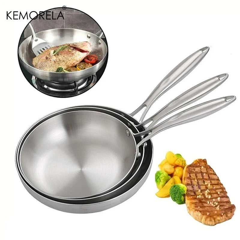 2/3PC Stainless Steel Frying Pan Set - 304 Food Grade Non-Stick Wok Pans, 2MM Thick, 5-Ply, Available in 22cm, 24cm, 26cm, 28cm