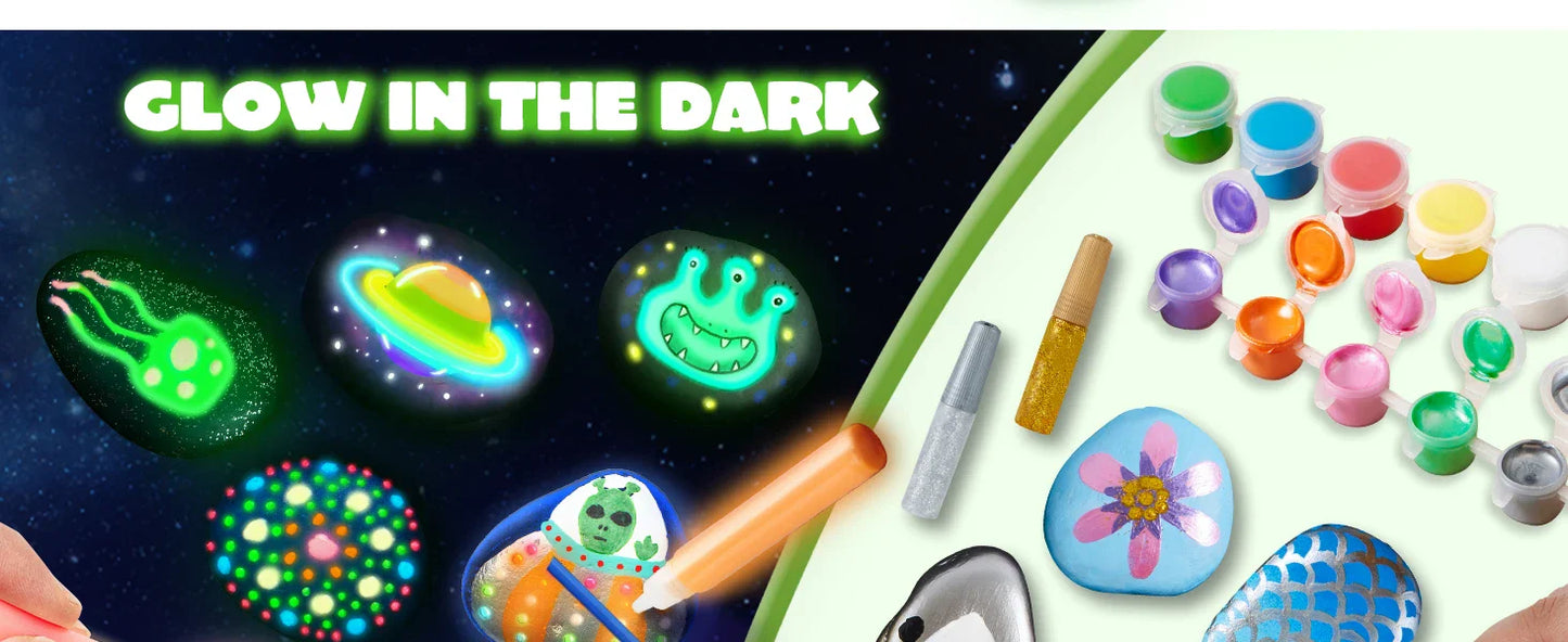 JOYFY Glow-in-the-Dark Rock Painting Kit – Arts & Crafts Toy for Kids Ages 6-12, Birthday Party Art Supplies