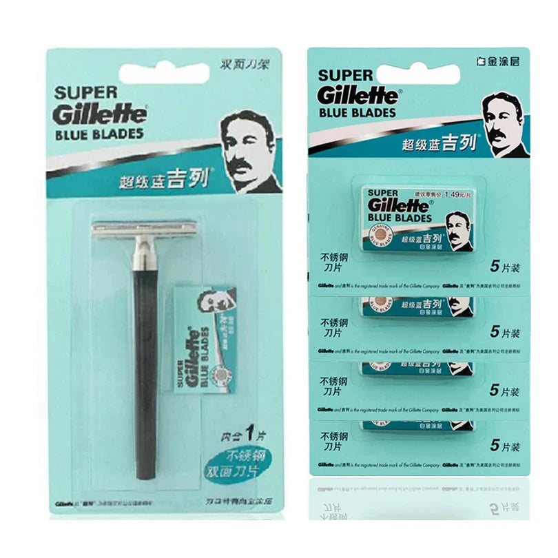 Gillette Super Blue Straight Razor for Men - Stainless Steel Razor Blades for Safe Shaving and Beard Care