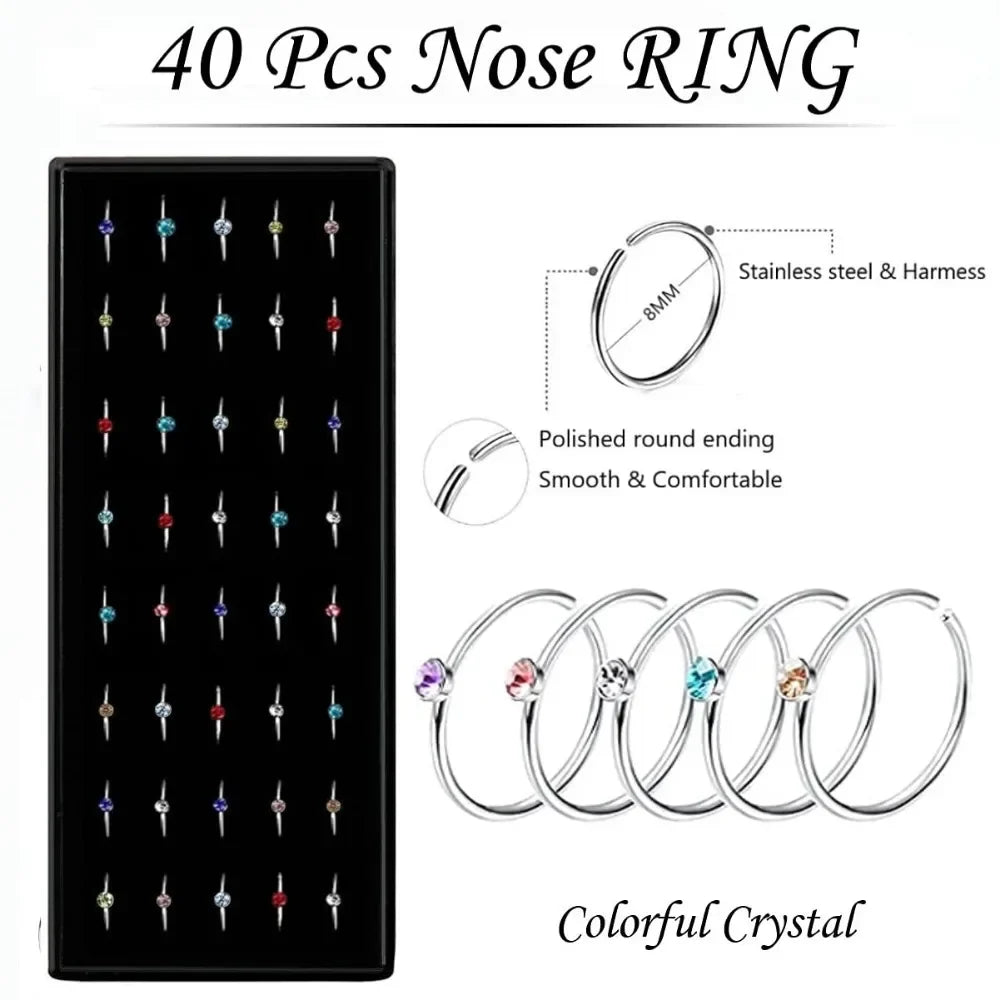 Women’s Crystal Stainless Steel Nose Stud – Hypoallergenic 1.8mm Straight, L, or Screw Nose Ring Jewelry